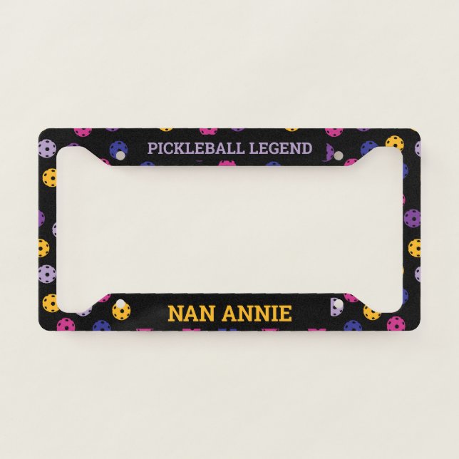 Neon on black pickleball, custom text  license plate frame (Front)