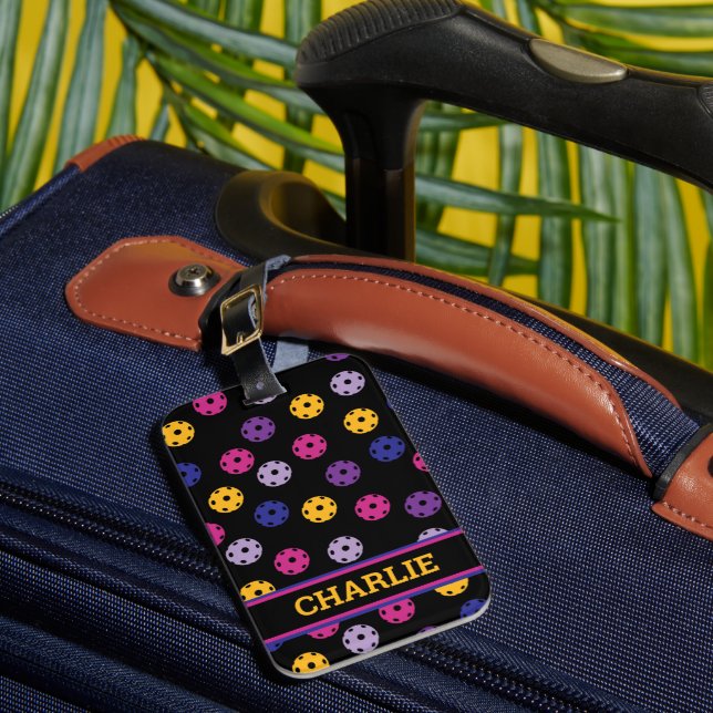 Neon on black pickleball, custom text  luggage tag (Front Insitu 1)