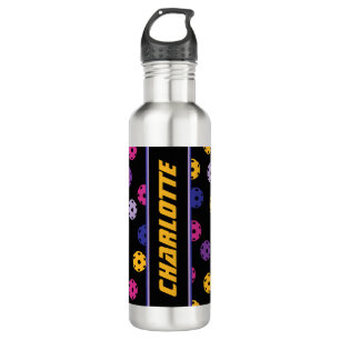 Neon on black pickleball, custom text stainless steel water bottle