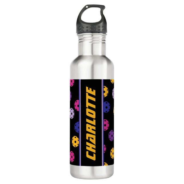 Neon on black pickleball, custom text  stainless steel water bottle (Front)