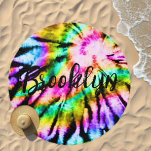 Neon On Black Tie-Dye Burst Personalized Round Beach Towel