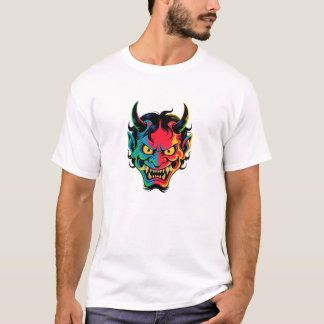 Neon Oni Rage Colorful Japanese Demon Mask Vector T-Shirt