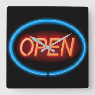 Neon open sign. square wall clock
