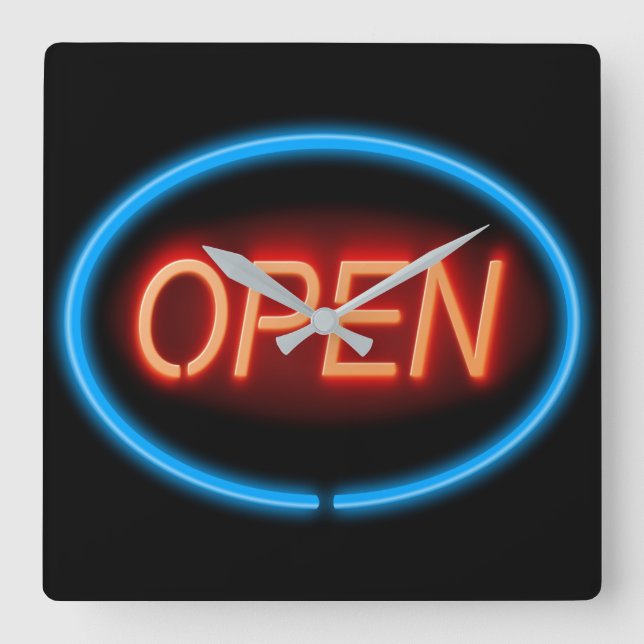 Neon open sign. square wall clock (Front)