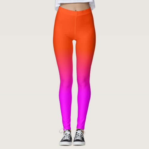 Neon Orange and Hot Pink Ombre Shade Color Fade Leggings