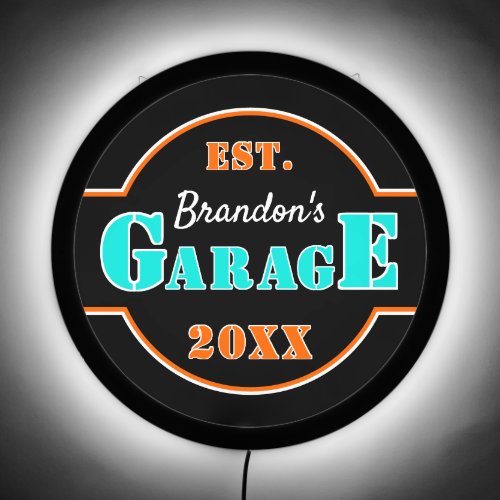 Neon Orange Aqua Turquoise Garage Text on Black LED Sign