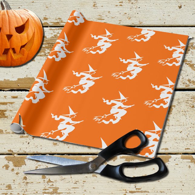 neon orange - flying  witch wrapping paper (Creator Uploaded)