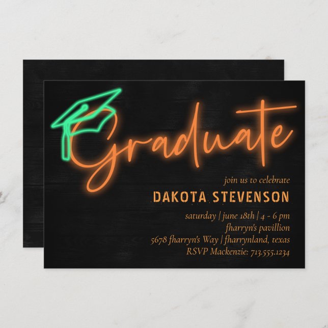 Neon Orange Light Glow | Modern Retro Graduation Invitation (Front/Back)