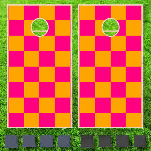 Neon Orange Pink Checkerboard Vintage Cornhole Set