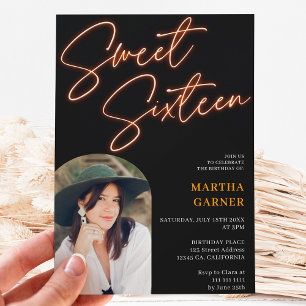 Neon orange sign script fun photo arch Sweet 16 Invitation