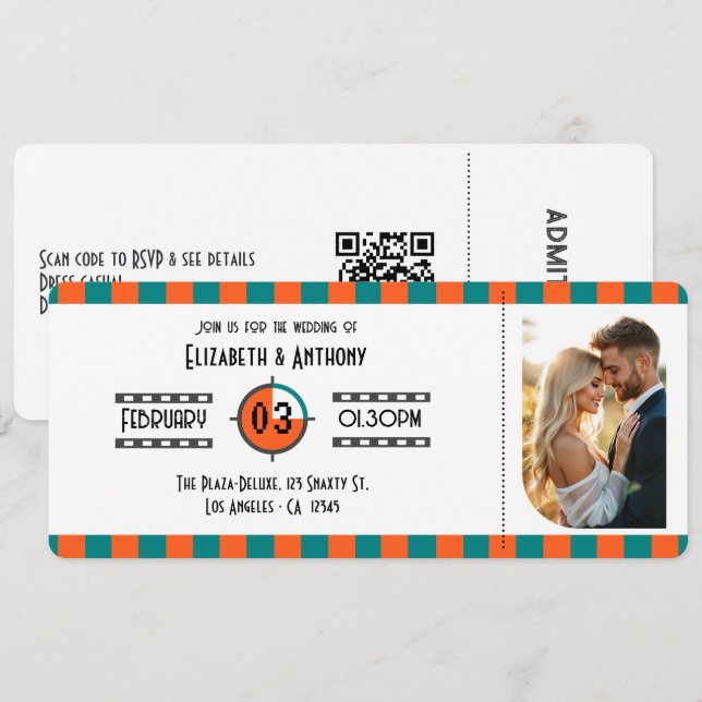 Neon Orange, Teal & White Cinema Ticket Wedding Invitation (Front/Back)