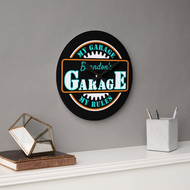Neon Orange Turquoise Blue Garage Text on Black Large Clock (Office)