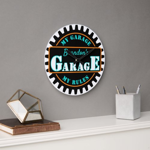 Neon Orange Turquoise Blue Garage Text on Black Large Clock