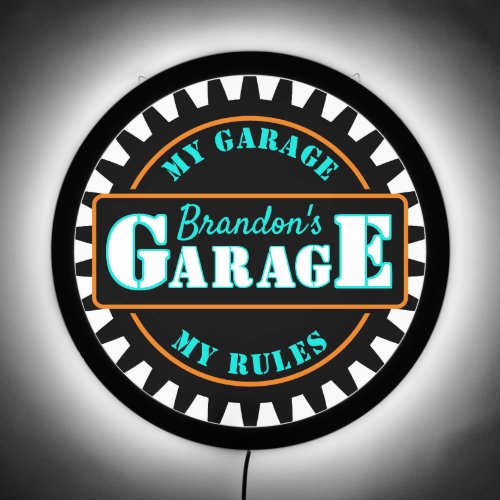 Neon Orange Turquoise Blue Garage Text on Black LED Sign