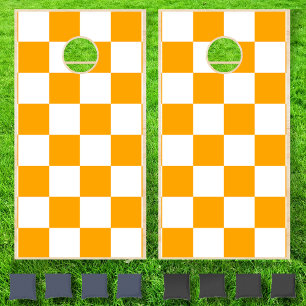 Neon Orange White Checkered Checkerboard Vintage Cornhole Set