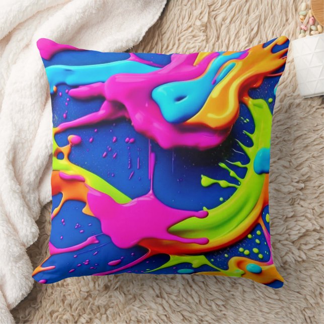 Neon Paint Drip Art Throw Pillow (Blanket)