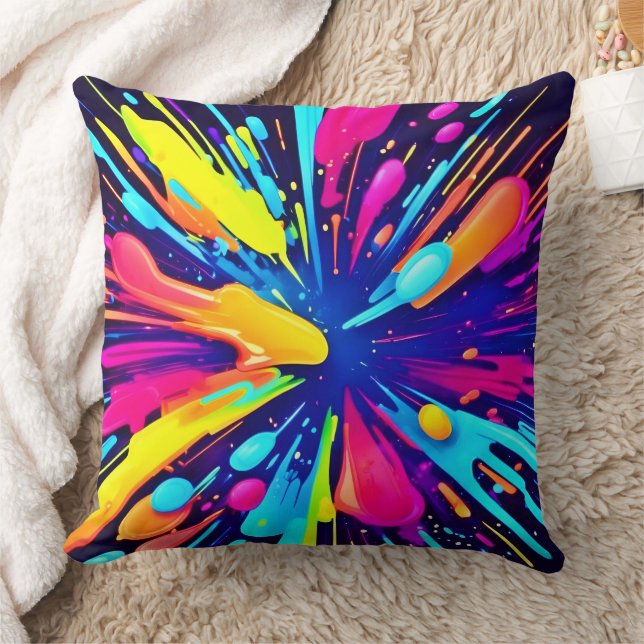  Neon Paint Explosion on Dark Canvas Throw Pillow (Blanket)