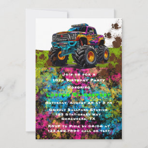 Neon Paint Monster Truck Boy Birthday Party Invitation