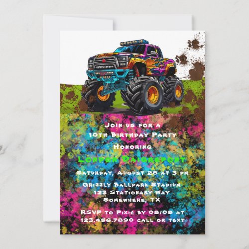 Neon Paint Monster Truck Boy Birthday Party  Invitation