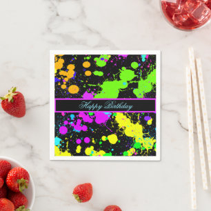 Neon Paint Pink Green Purple Yellow Happy Birthday Napkins