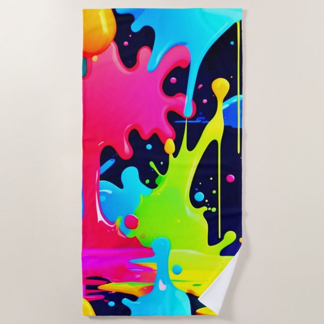 Neon Paint Splash Drip Chaos Beach Towel (Front)