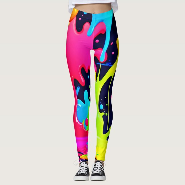 Neon Paint Splash Drip Chaos Leggings (Front)