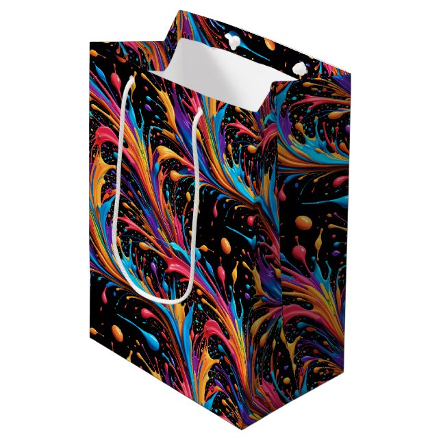 Neon Paint Splash Explosion on Rich Black Medium Gift Bag (Front Angled)