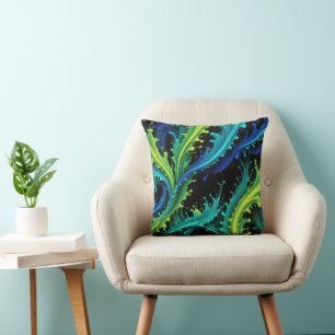 Neon Paint Splashes On Black Throw Pillow