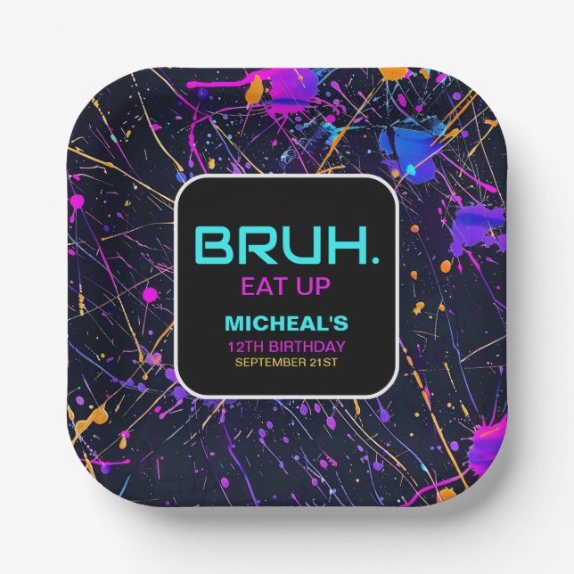Neon Paint Splatter 12th Birthday Party Paper Plates (Front)