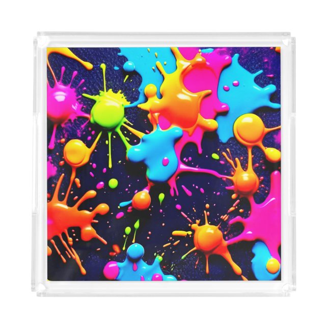 Neon Paint Splatter Abstract Art Acrylic Tray (Front)