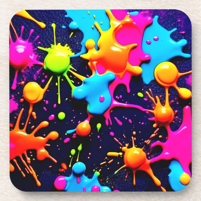 Neon Paint Splatter Abstract Art Beverage Coaster (Front)