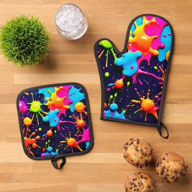 Neon Paint Splatter Abstract Art Oven Mitt & Pot Holder Set (Top Down)