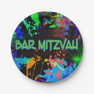 Neon, Paint Splatter, Bar Mitzvah Paper Plates