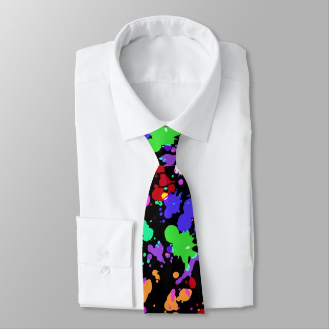 Neon Paint Splatter Black Neck Tie (Tied)