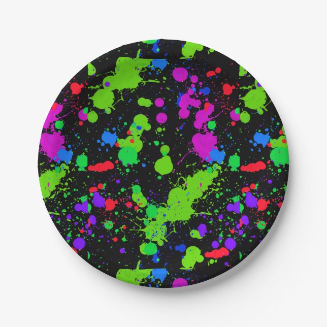 Neon Paint Splatter, Faux Glow in the Dark, Paper Plates (Front)