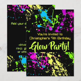 Neon Paint Splatter Glow /Laser Tag Birthday Party Invitation