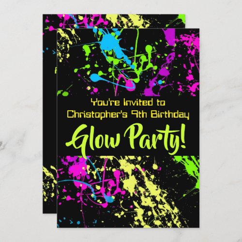 Neon Paint Splatter Glow Laser Tag Birthday Party Invitation