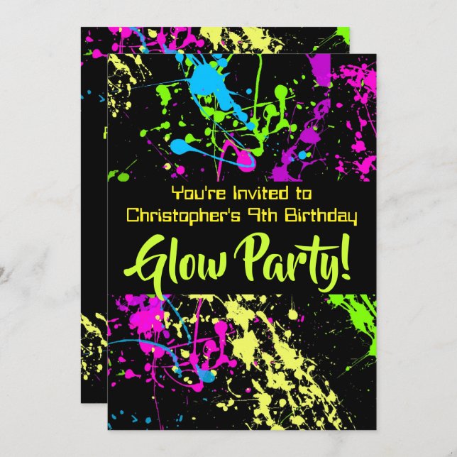 Neon Paint Splatter Glow /Laser Tag Birthday Party Invitation (Front/Back)