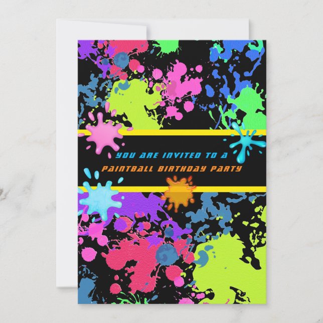   Neon Paint Splatter Paintball Invitation (Front)
