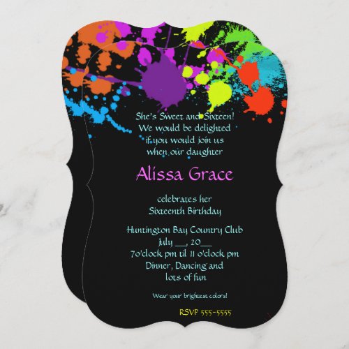 Neon Paint Splatter Sweet Sixteen Invitation