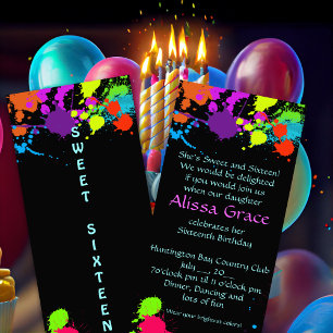 Neon Paint Splatter, Sweet Sixteen Invitation