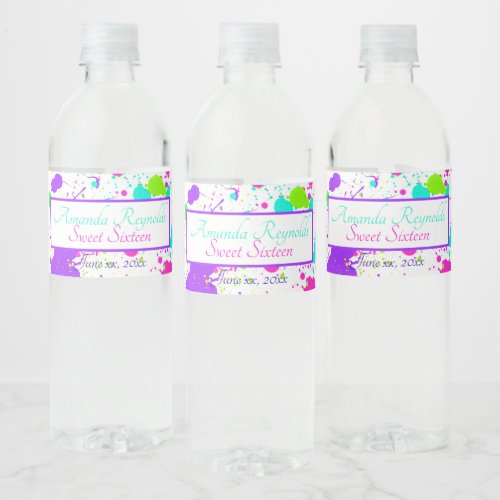 Neon Paint Splatter Sweet Sixteen Water Bottle Label