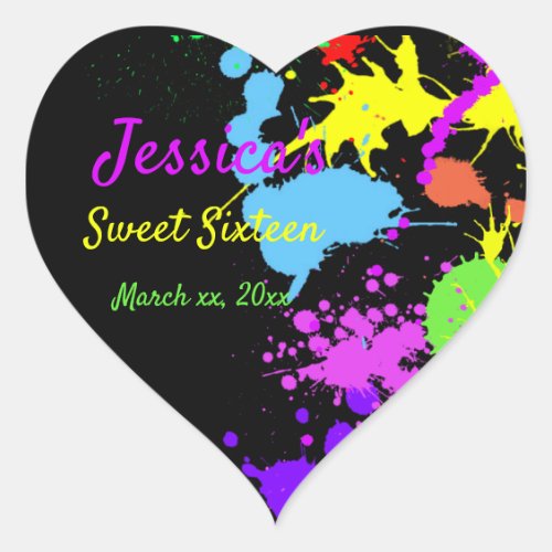 Neon Paint Sweet Sixteen Bat Mitzvah Custom Heart Sticker
