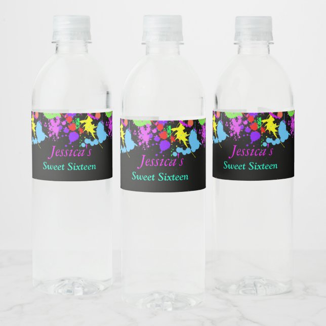 Neon Paint Sweet Sixteen Water Bottle Label (Bottles)