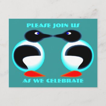 Neon Pair Penguins Anniversary Party Invitation by layooper at Zazzle
