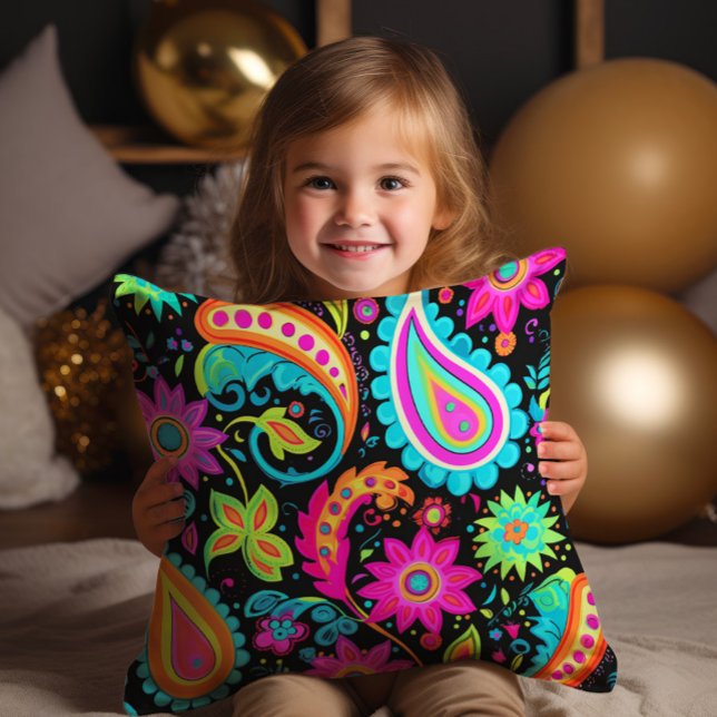 Neon Paisley Black Pink Blue Colorful Throw Pillow (Cute neon pink, blue, and green paisley on black decorator pillow)