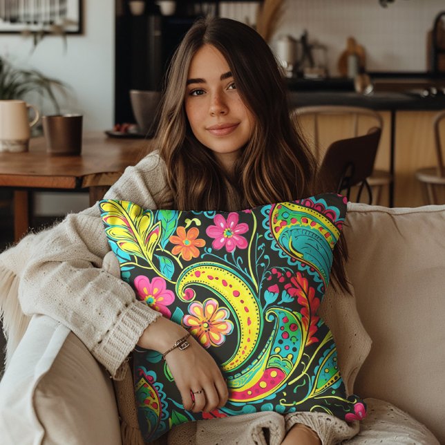 Neon Paisley Black Pink Blue Yellow Throw Pillow (Neon pink, yellow, and teal paisley decorator pillow.)