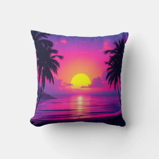 Neon Palm Sunset and Blue Glow Oasis Pillow