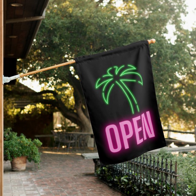 Neon Palm Tree Green & Pink Open Sign Outdoor Flag (In SItu)