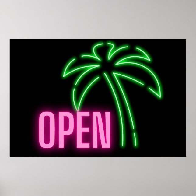 Neon Palm Tree Green & Pink Open Sign Poster (Front)